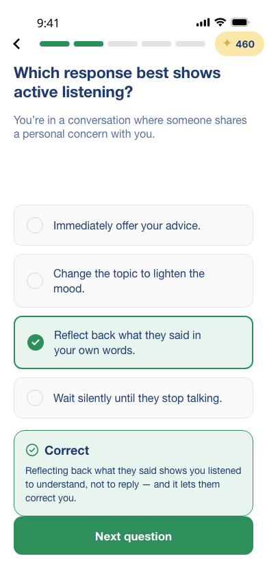 A coredu question on a phone, just answered: the chosen option is marked correct in green and a panel below it explains why.