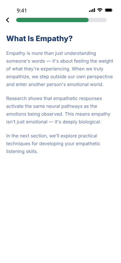 A coredu lesson on a phone: a short titled explanation of empathy, three paragraphs long, with a progress bar at the top.