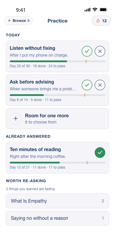 The coredu Practice tab on a phone: today's commitments, each with a tick and a cross to record it and a bar showing the days done so far.